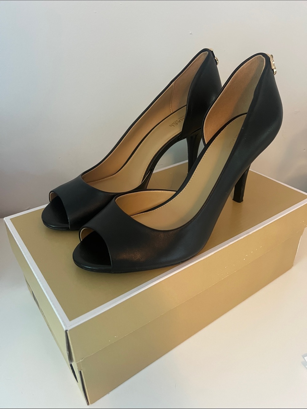Michael Kors Black Leather Peep-Toe High Heels with Gold Back Detail